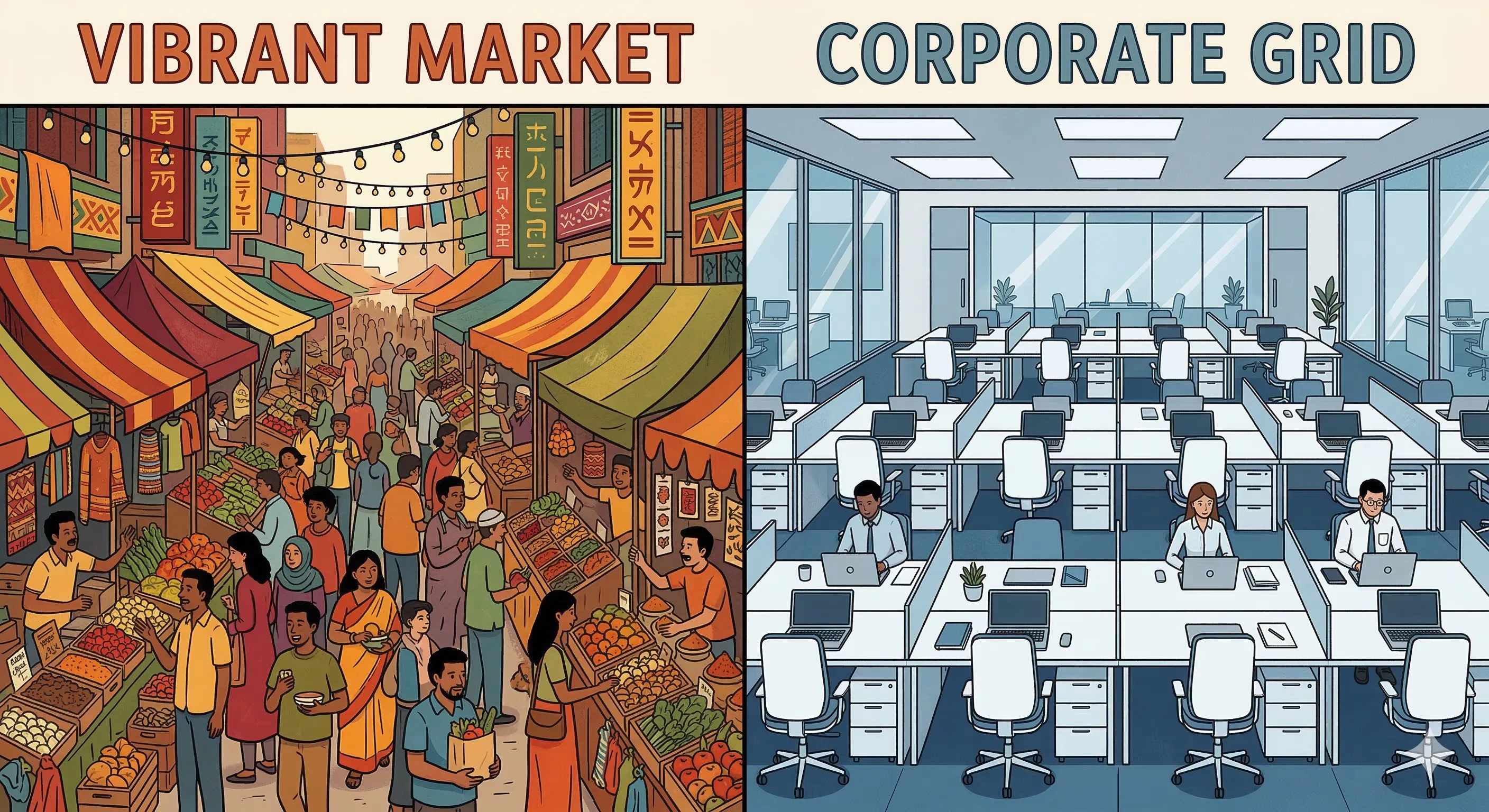 城市街道的有機混亂對比整齊的企業辦公室